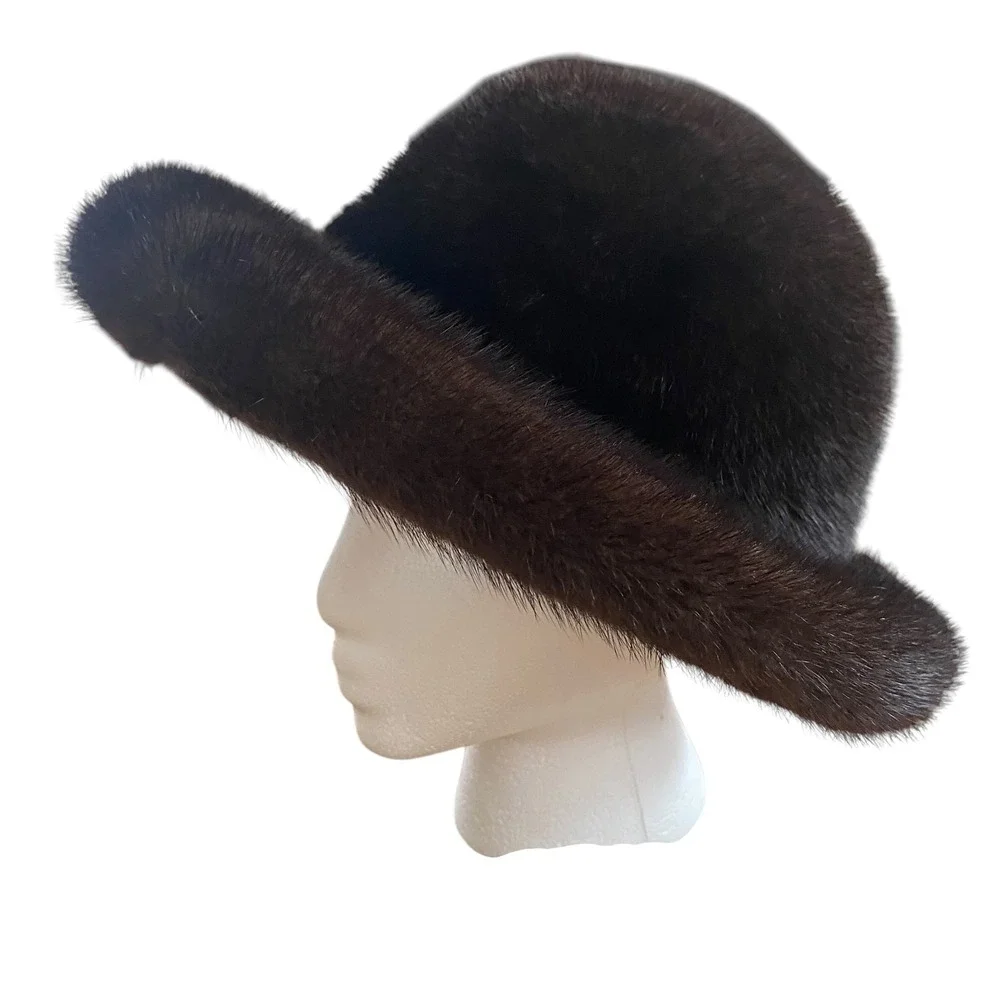 Vintage Evans Chicago‎ Brimmed Mink Fur Cloche Hat Glossy Mahogany Brown MCMLUXE